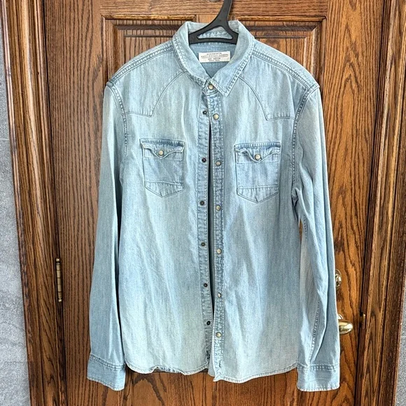 All Saints Light Blue Denim Button-Down Shirt - Picture 1 of 4